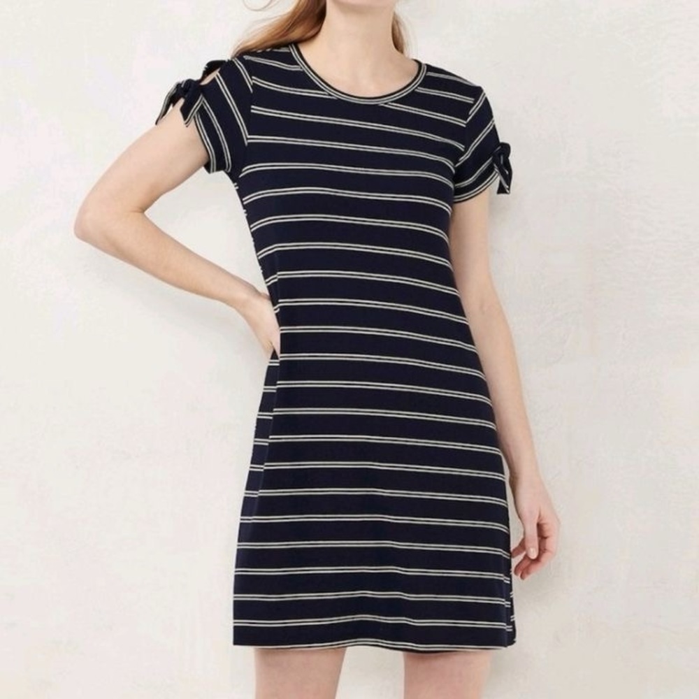 Lauren Conrad Navy Blue Striped Scoop Neck Dress With Sleeve Ties